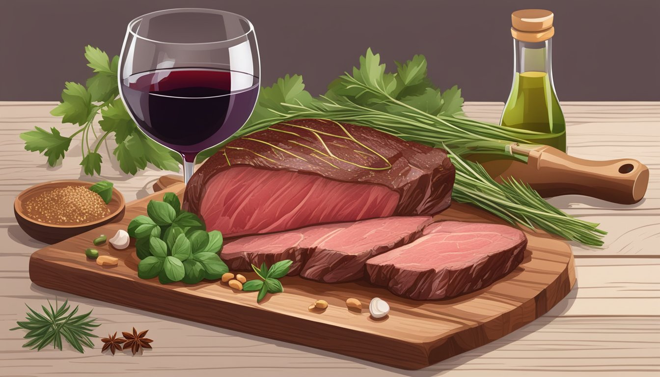 A bottle of red wine and a perfectly cooked beef short loin on a wooden cutting board, surrounded by fresh herbs and spices