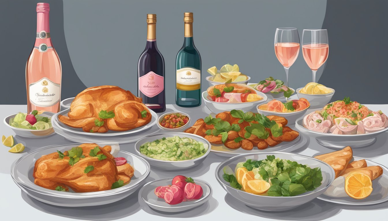 A table set with Turkish dishes and various bottles of rosé and sparkling wine