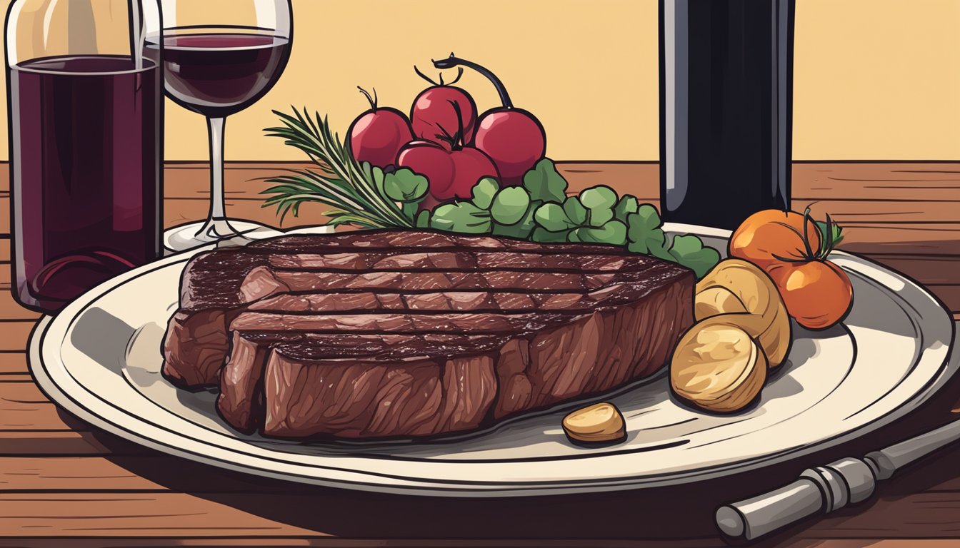 A juicy beef short loin steak sizzling on a grill next to a bottle of rich red wine