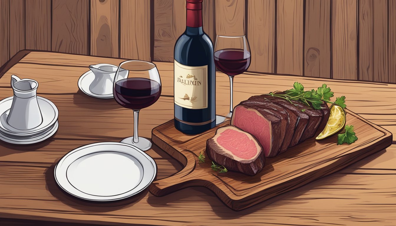 A bottle of red wine and a platter of beef short loin on a rustic wooden table