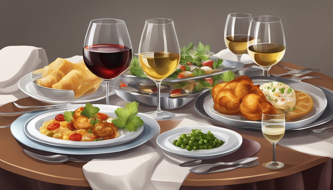 A table set with Turkish cuisine and glasses of red and white wine