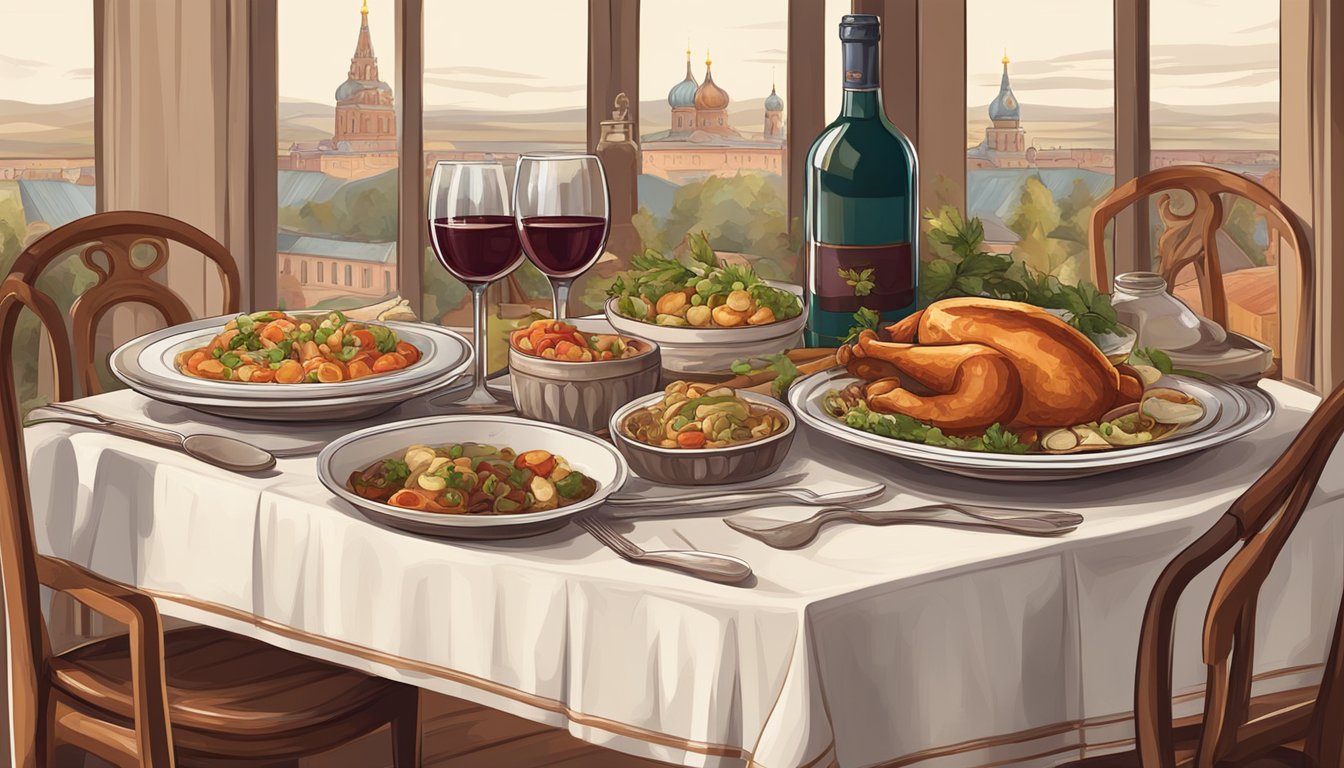 A table set with traditional Russian cuisine and a bottle of red wine