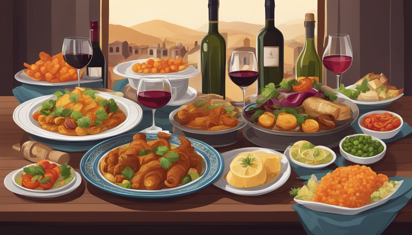 A table set with traditional Turkish dishes and various bottles of wine, with a focus on the unique pairing of Turkish cuisine with different types of wine