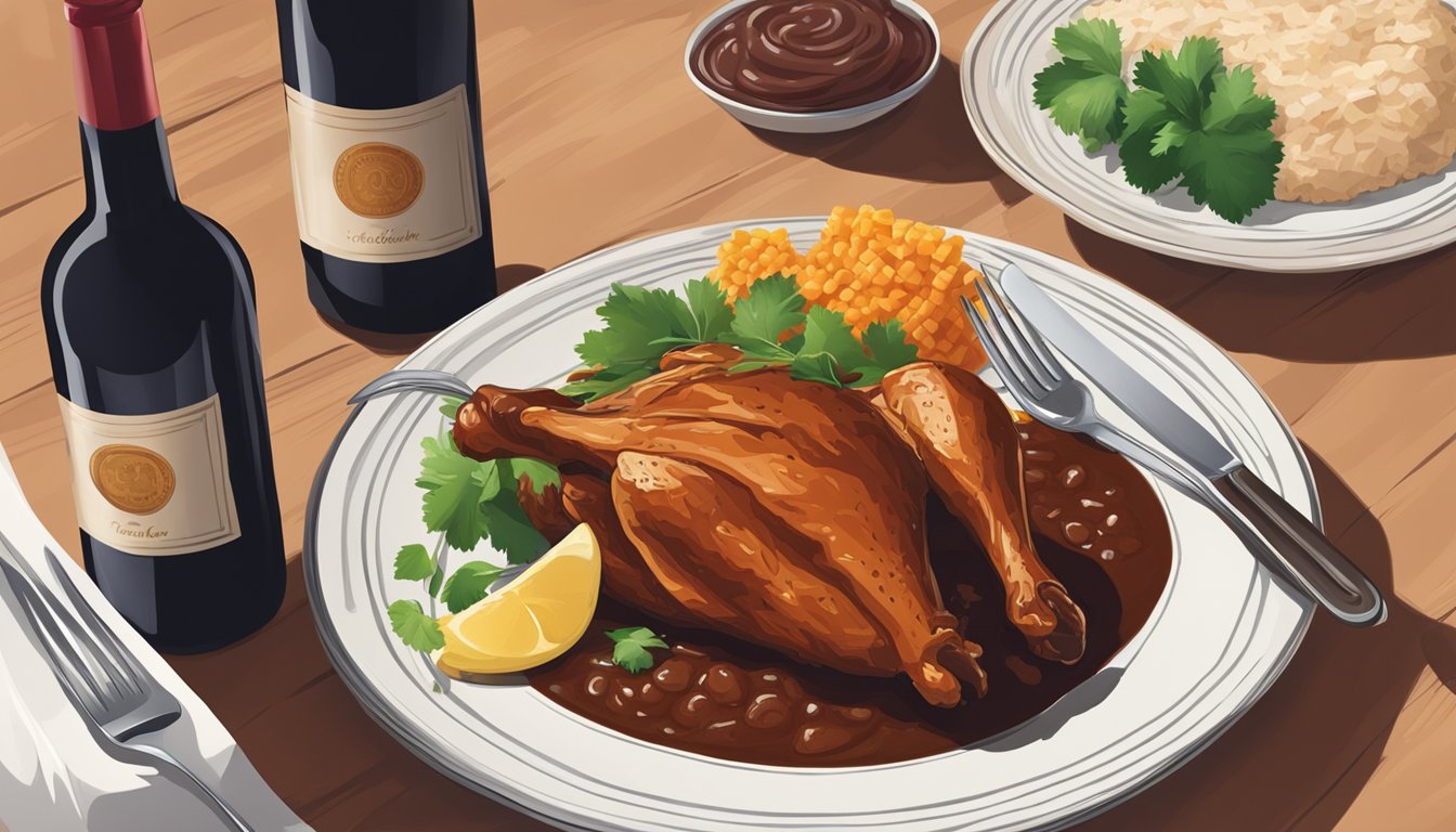 A bottle of red wine next to a plate of chicken mole with a fork and knife