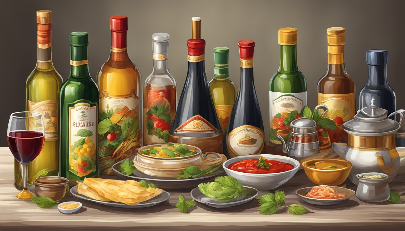 A table set with traditional Russian condiments and sauces, accompanied by a selection of wine bottles