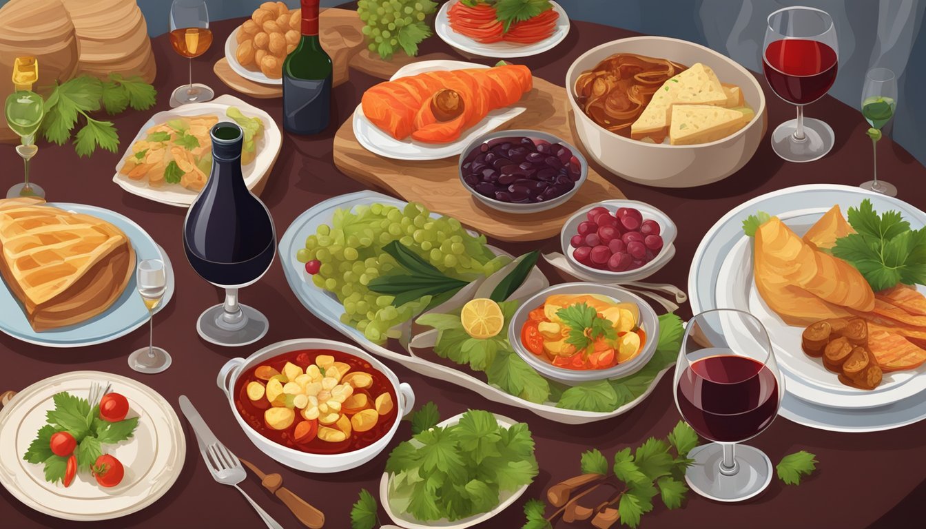 A table set with traditional Russian dishes and a variety of red wines