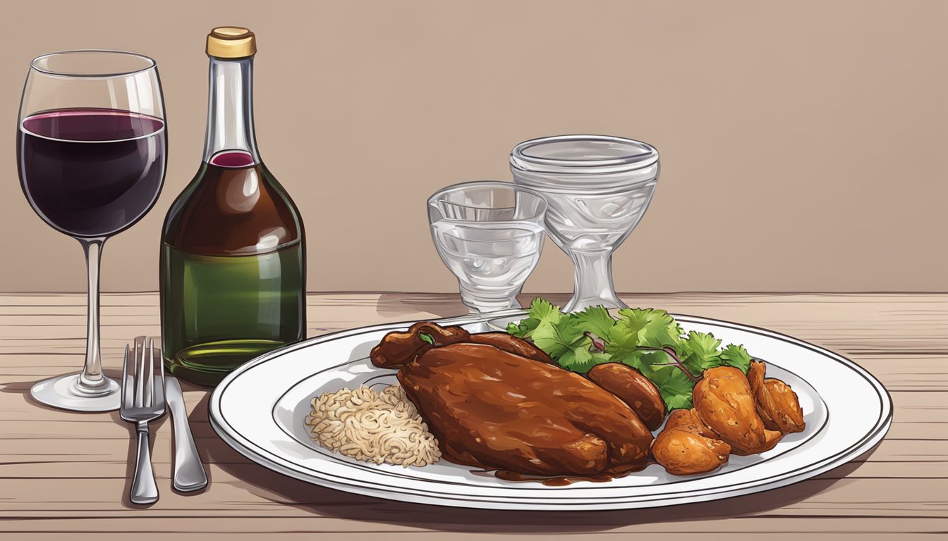 A bottle of red wine and a plate of chicken mole on a table