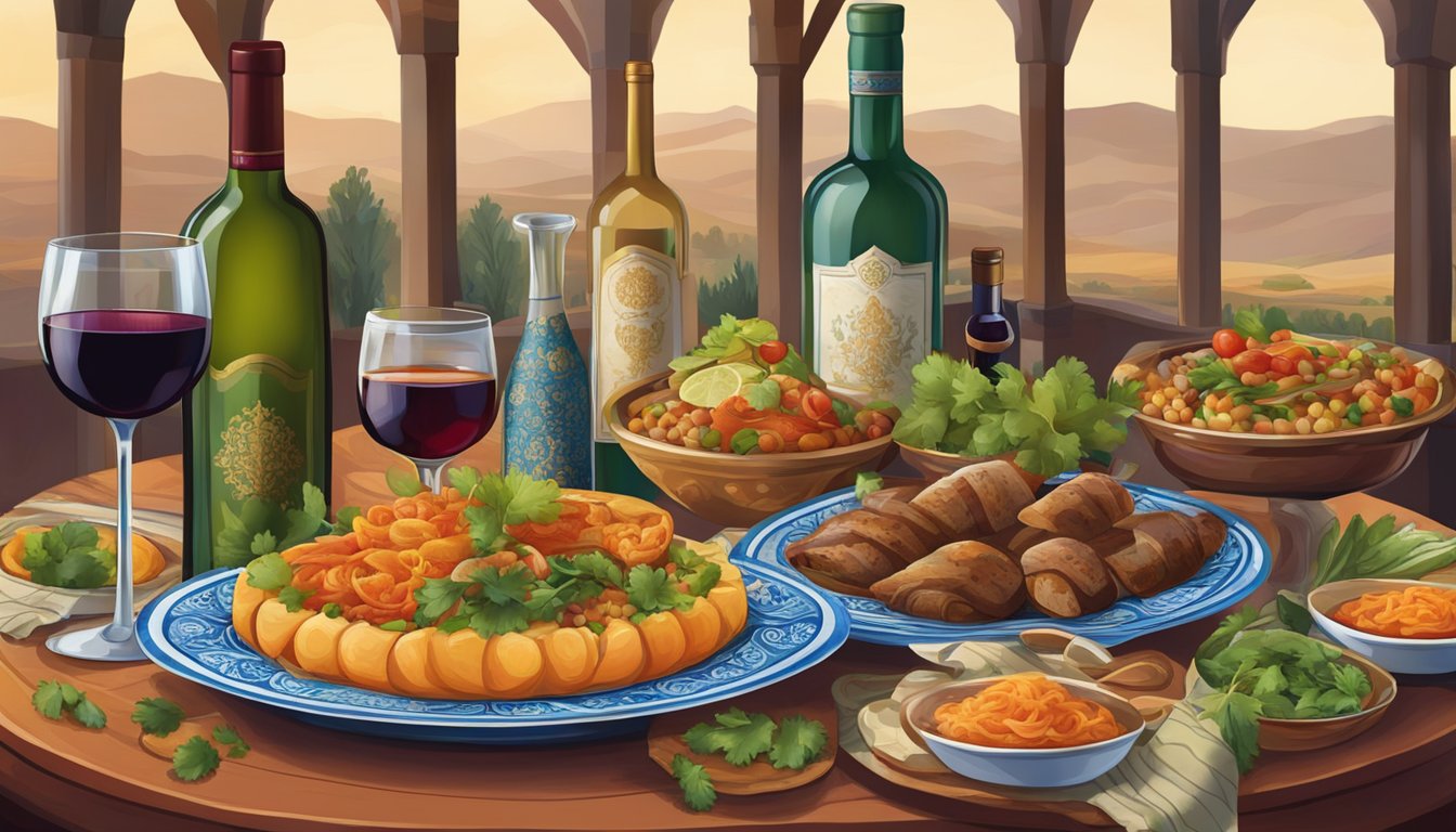 A table set with traditional Uzbek dishes and wine bottles, showcasing the perfect pairing of rich, flavorful food with complementary wines