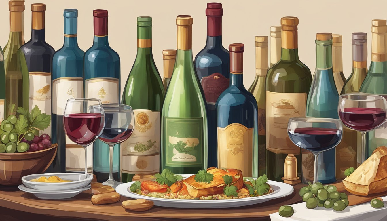 A table set with traditional Russian dishes and various wine bottles, with a sommelier pouring wine into a glass