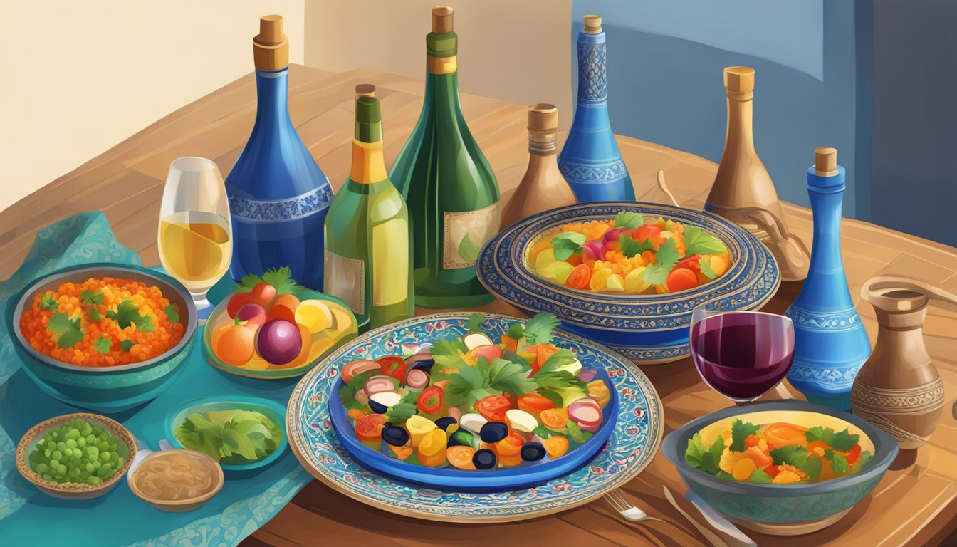 A table set with colorful Uzbek dishes and wine bottles