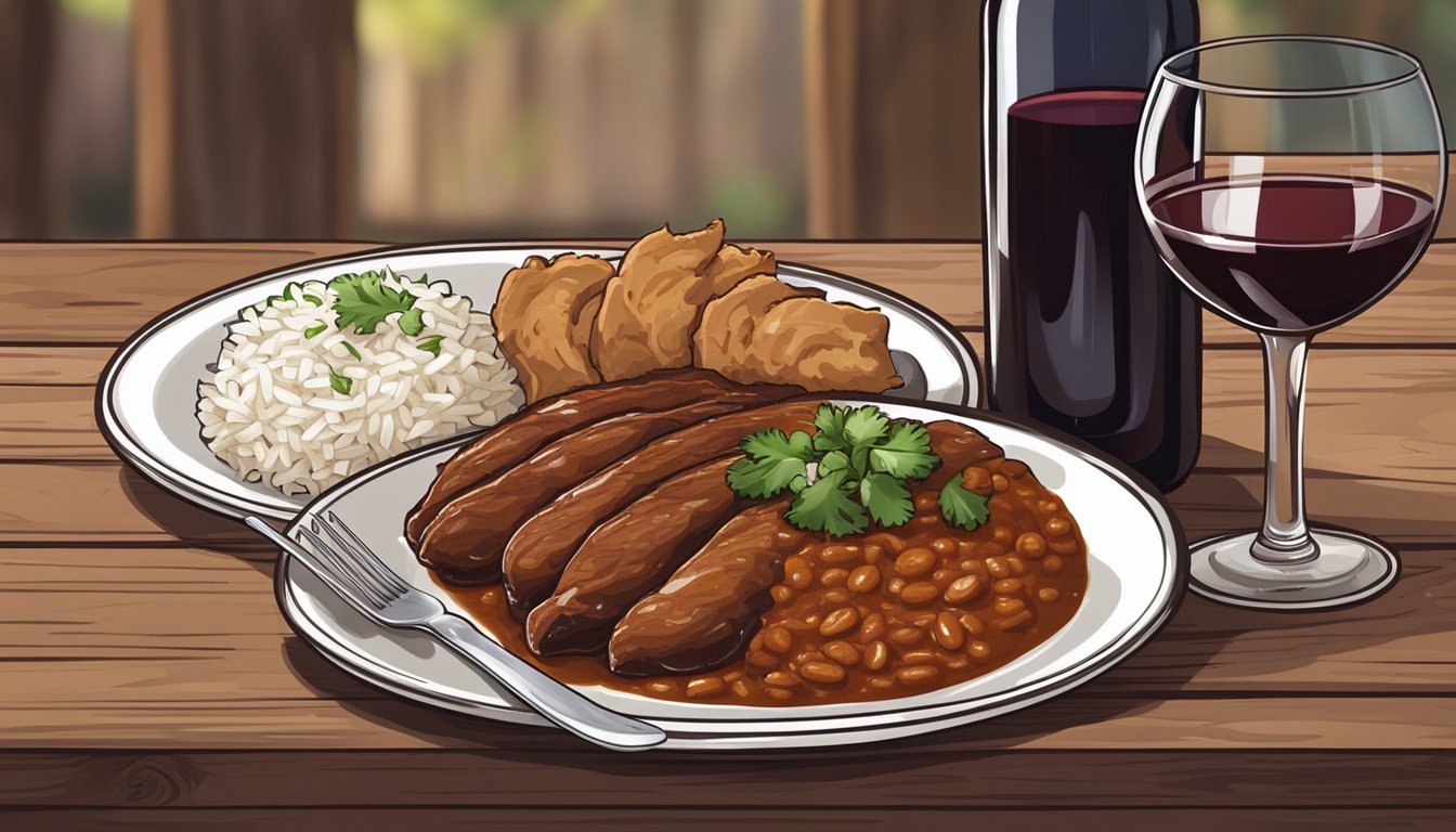 A bottle of red wine next to a plate of chicken mole with a side of rice and beans on a rustic wooden table