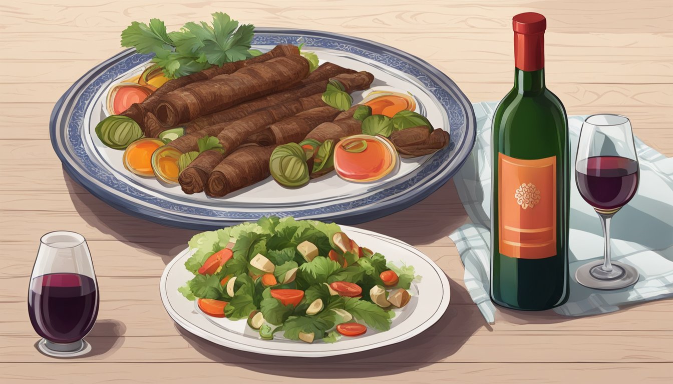 A bottle of red wine and a plate of Uzbek food on a table