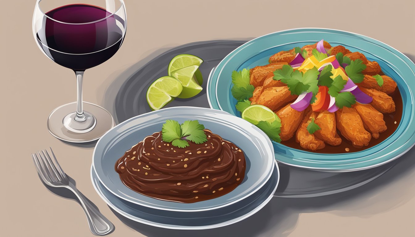 A bottle of red wine next to a plate of chicken mole with a colorful garnish