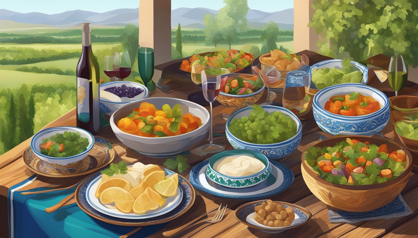 A table set with colorful Uzbek dishes and regional wines