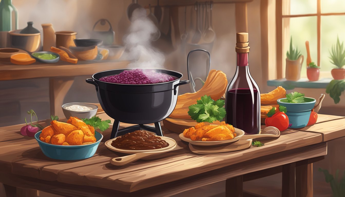 A bottle of red wine sits next to a steaming pot of chicken mole on a rustic wooden table, surrounded by colorful ingredients and cooking utensils