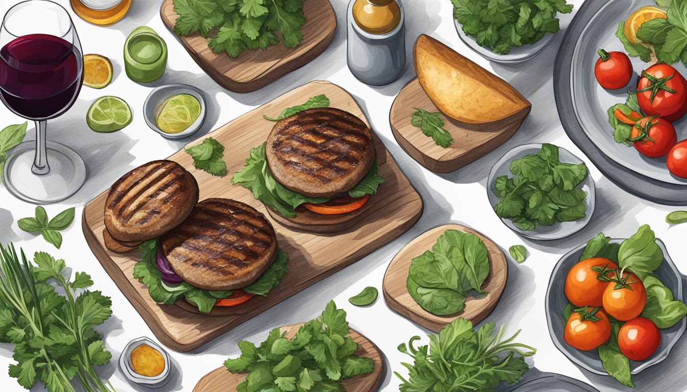 A table set with grilled portobello burgers and a bottle of red wine, surrounded by fresh herbs and vegetables