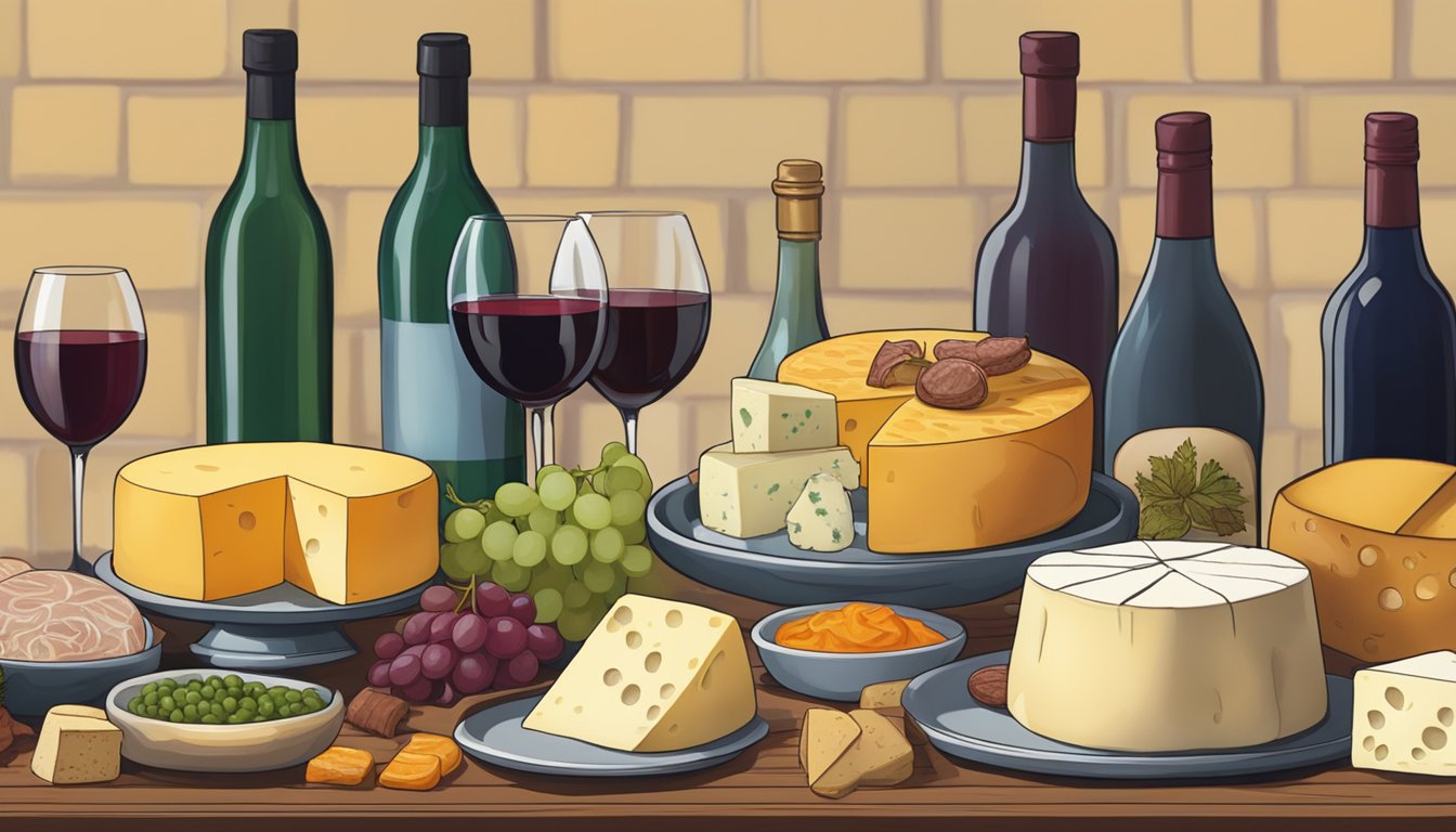 A table set with various cheeses, meats, and bottles of wine, with a focus on Uzbek cuisine