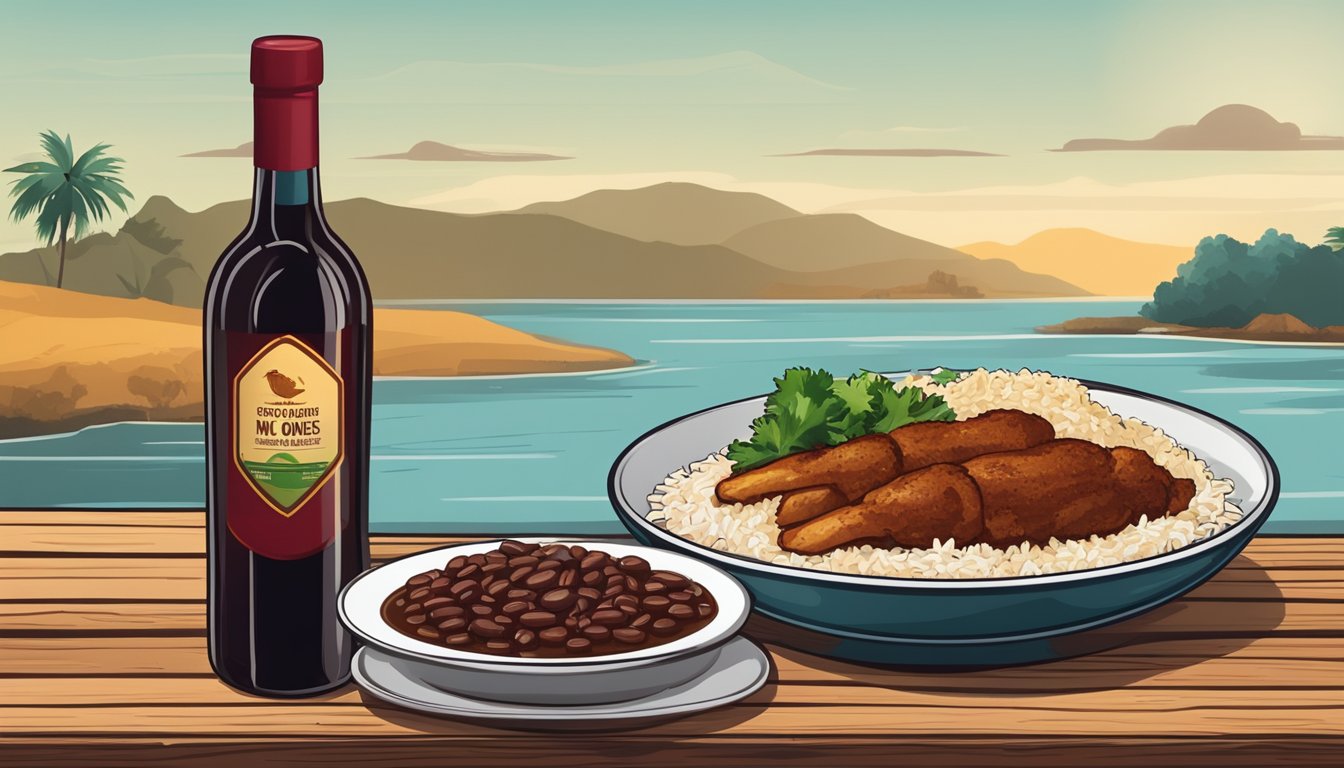 A bottle of red wine next to a plate of chicken mole with a side of rice and beans on a rustic wooden table