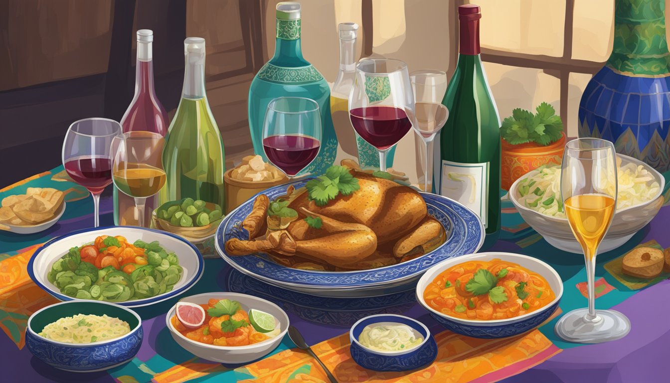 A table set with Uzbek cuisine and wine bottles, with glasses being poured and enjoyed