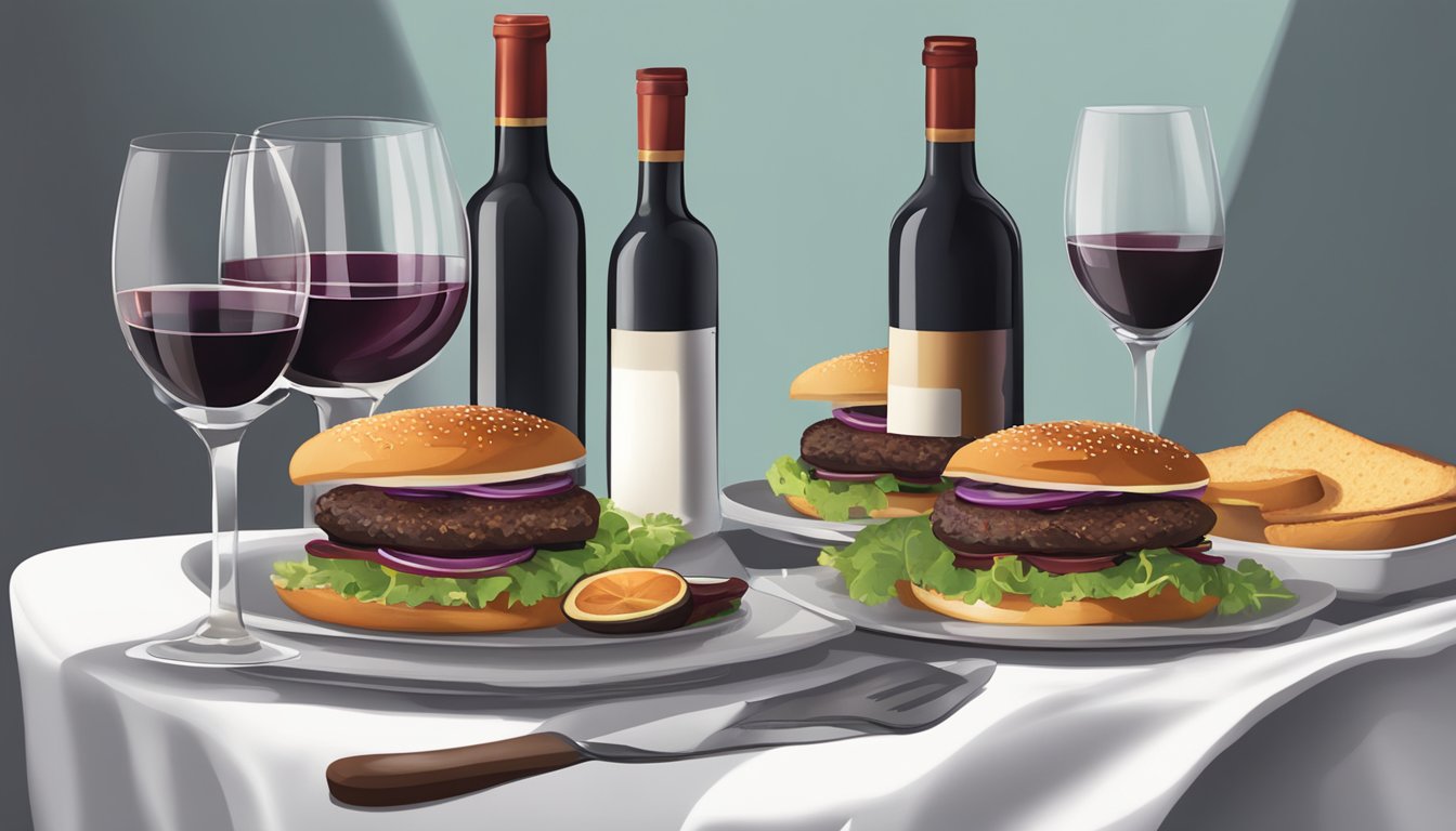 A table set with grilled portobello burgers, a bottle of red wine, and two glasses