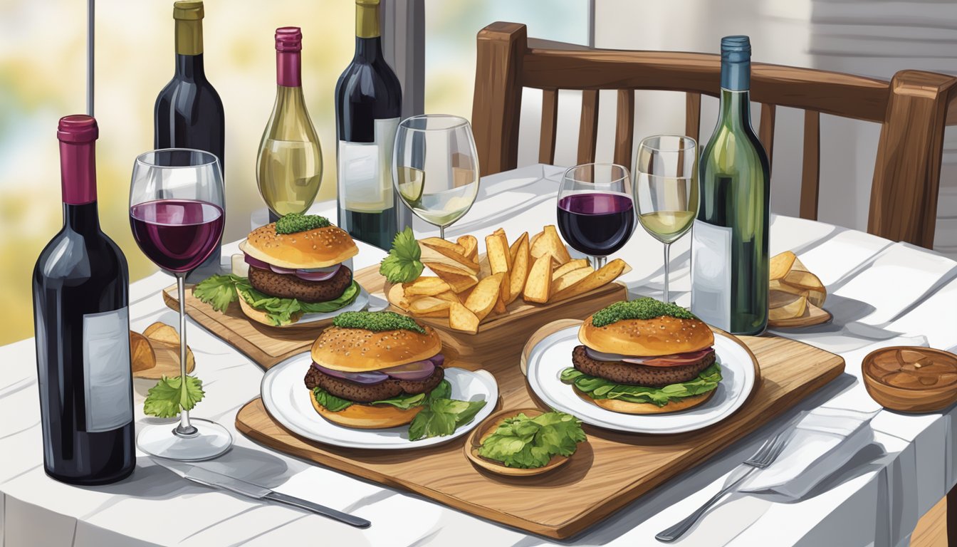 A table set with grilled portobello burgers, a variety of wine bottles, and glasses