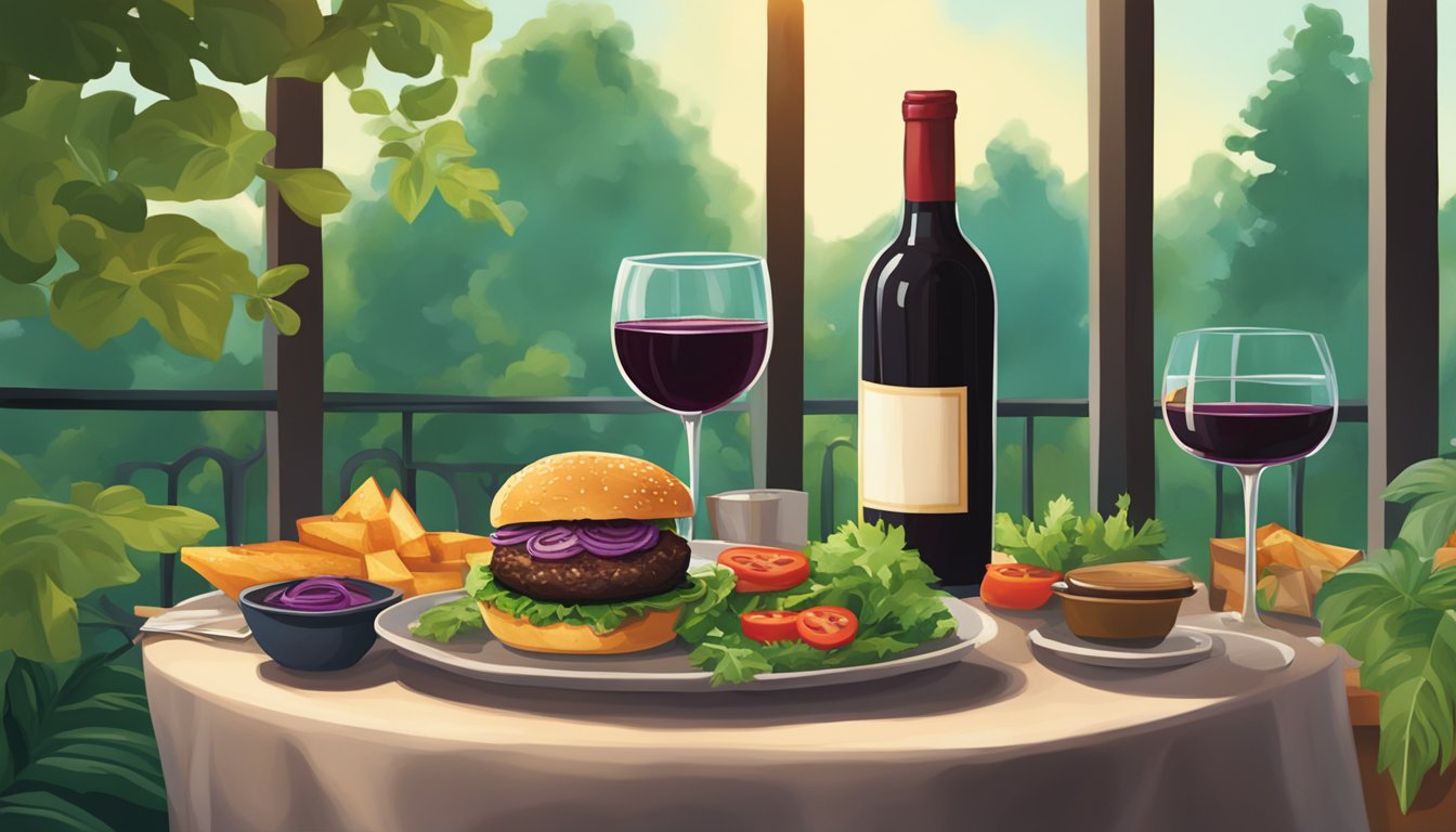 A table set with grilled portobello burgers and a bottle of red wine, surrounded by vibrant greenery and warm, inviting lighting