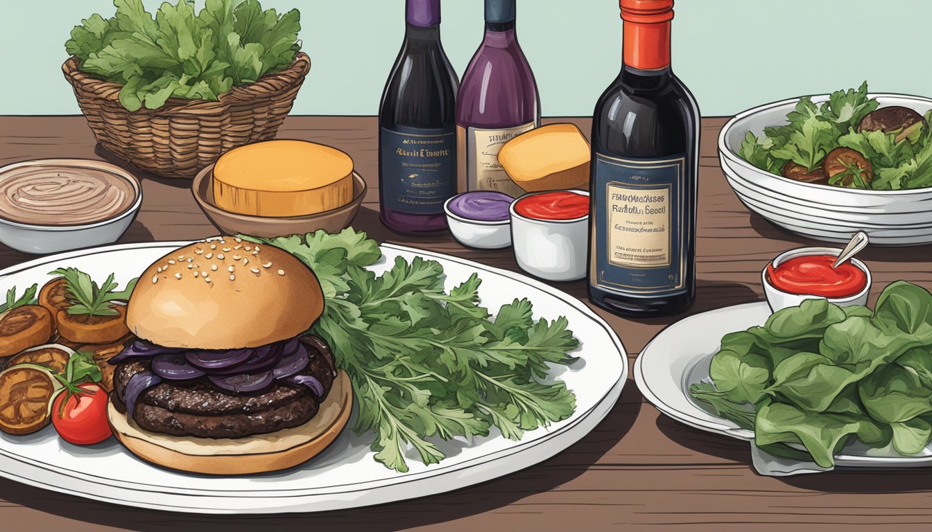 A bottle of red wine next to a platter of grilled portobello burgers, with a spread of condiments and a side of fresh greens