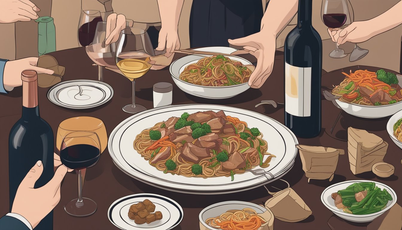 A steaming plate of pork lo mein surrounded by a variety of wine bottles, with a sommelier holding a glass of red wine