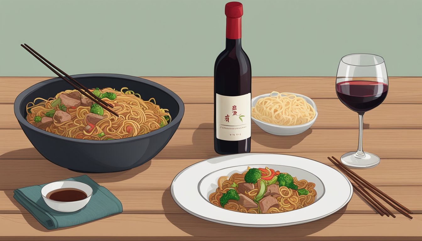 A steaming plate of pork lo mein sits next to a bottle of red wine, surrounded by chopsticks and a wine glass on a wooden table