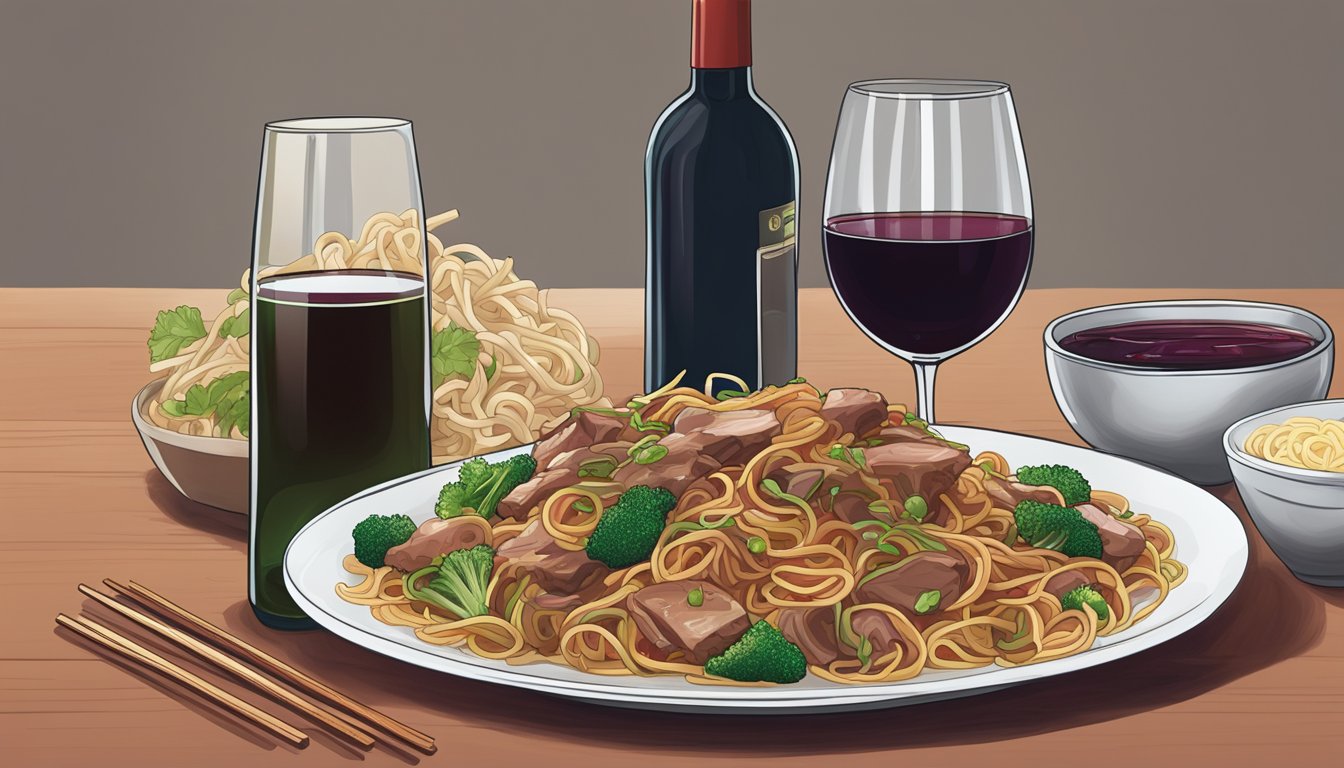 A steaming plate of pork lo mein next to a bottle of red wine