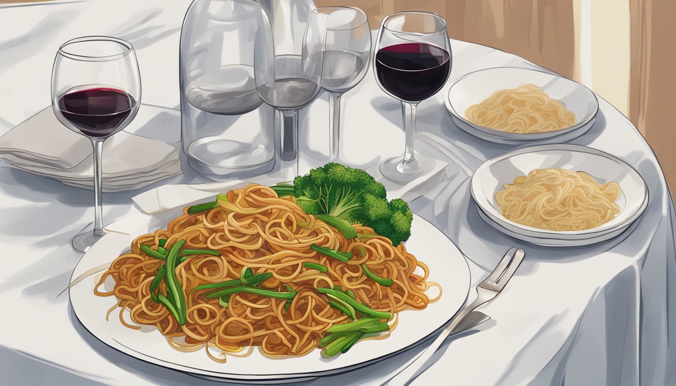 A steaming plate of pork lo mein alongside a glass of red wine on a white tablecloth