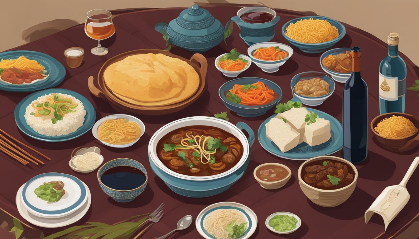 A table set with traditional Mongolian dishes alongside a bottle of red wine