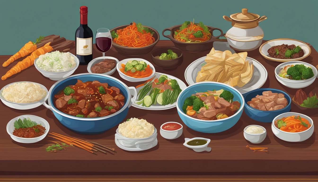 A table set with a spread of Mongolian cuisine, including meat and vegetable dishes, alongside a bottle of red wine and a glass