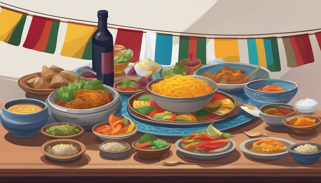 A table set with traditional Tibetan dishes and a bottle of red wine, surrounded by colorful prayer flags fluttering in the wind