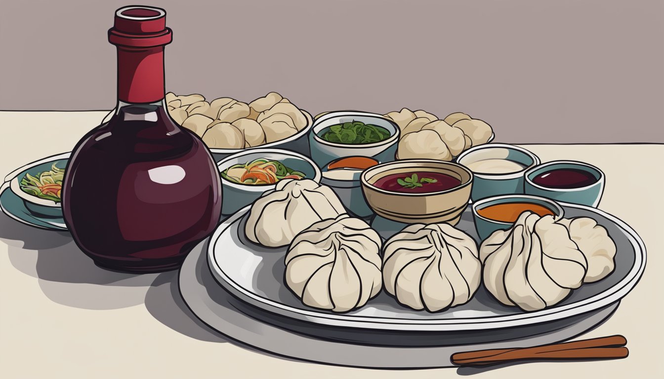 A bottle of red wine next to a plate of Tibetan momos and thukpa