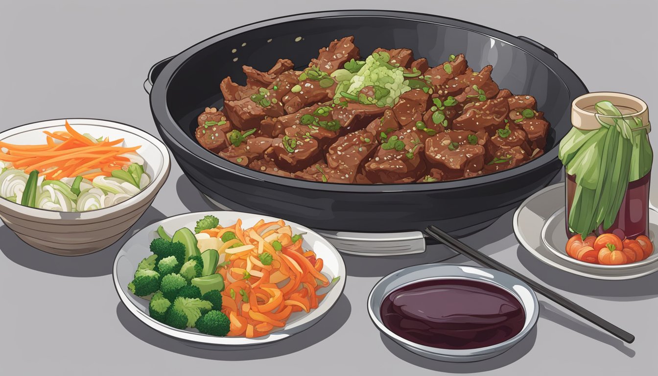 A sizzling plate of pork bulgogi with a side of pickled vegetables, accompanied by a glass of rich, fruity red wine