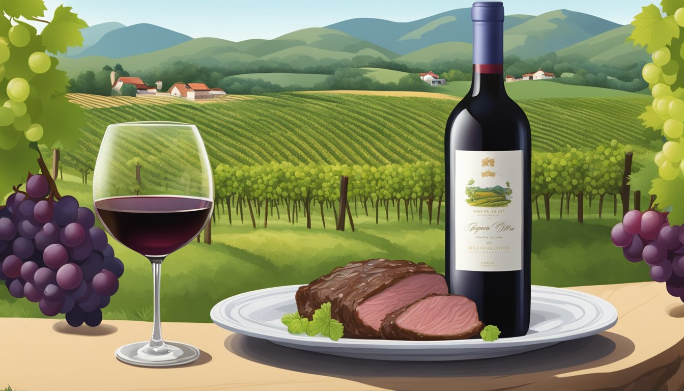 A bottle of red wine and a plate of pork bulgogi surrounded by vineyards and grape vines