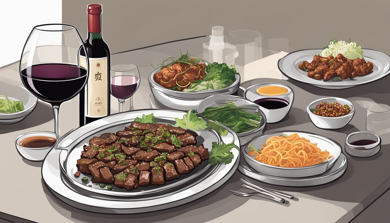 A table set with a sizzling plate of pork bulgogi alongside a bottle of red wine and a selection of wine glasses