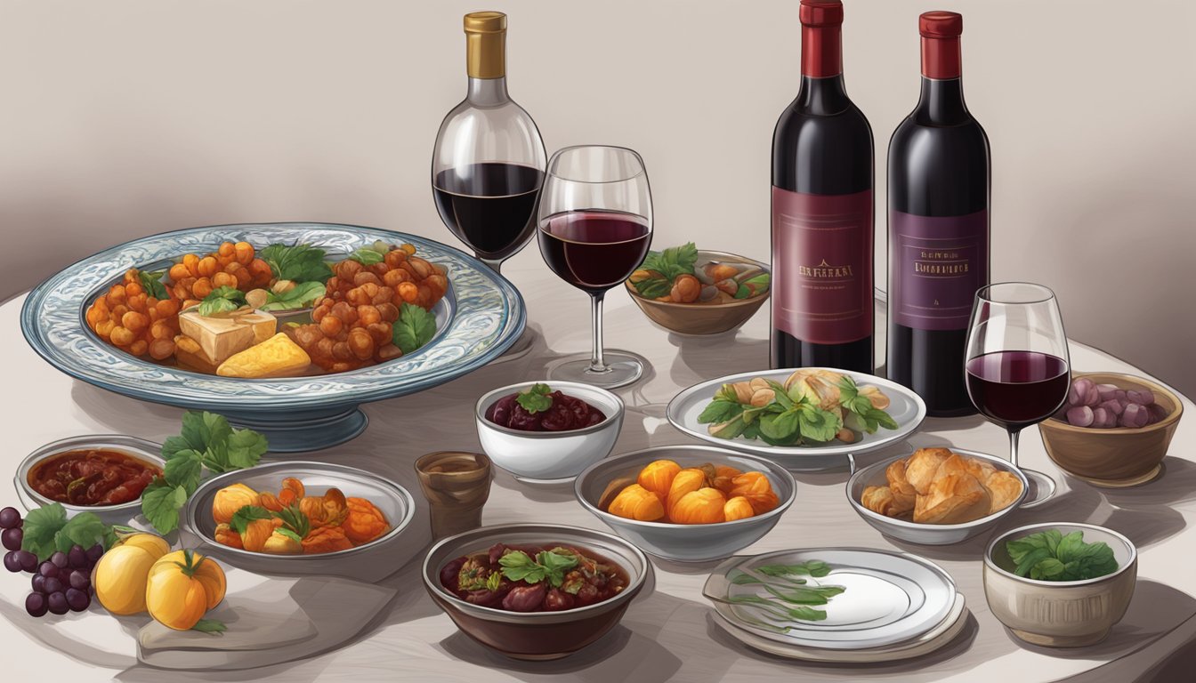 A table set with rich red wines and aromatic Tibetan dishes