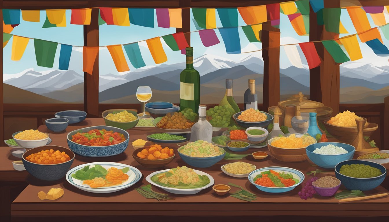 A table set with traditional Tibetan dishes and a variety of unique wine bottles, with prayer flags hanging in the background