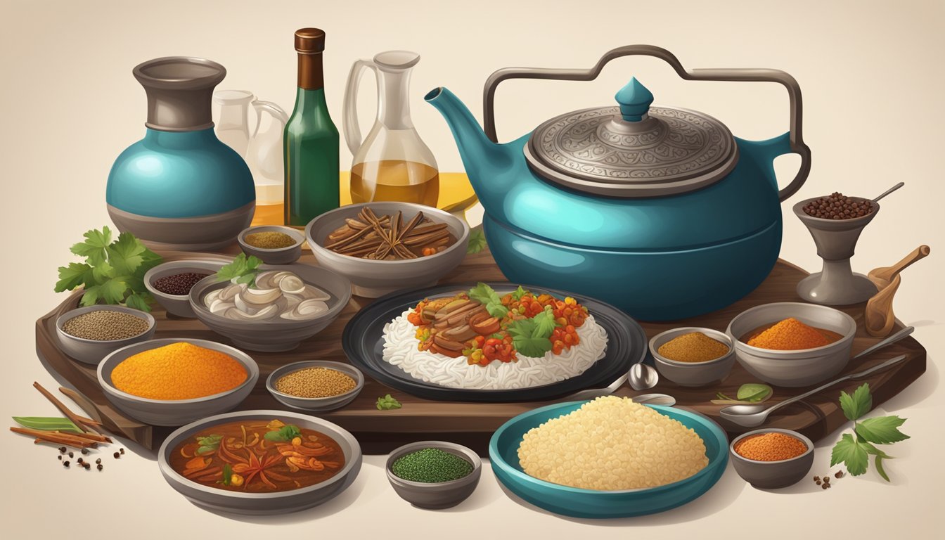 A table set with a steaming plate of Tibetan food and a bottle of wine, surrounded by cooking utensils and spices