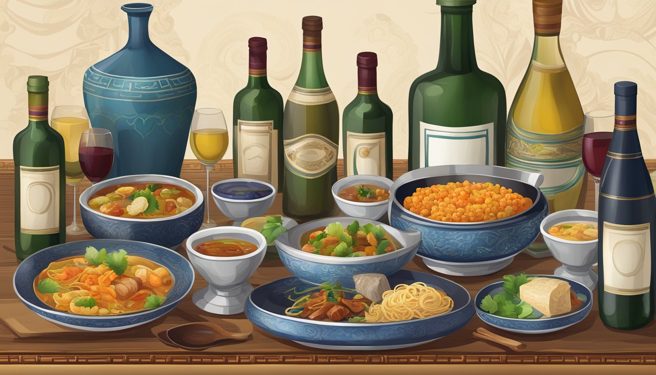 A table set with Tibetan cuisine and various bottles of wine