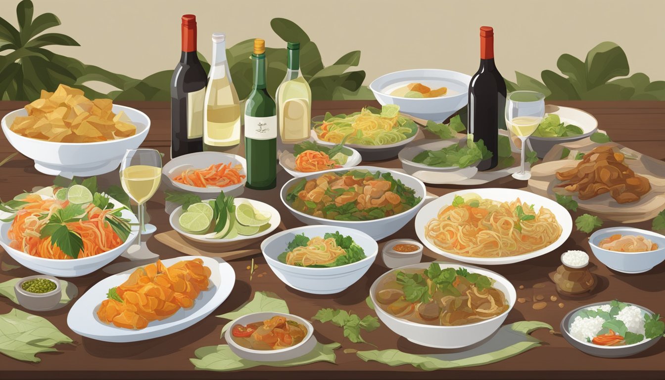 A table set with a spread of Cambodian dishes, surrounded by bottles of red and white wine