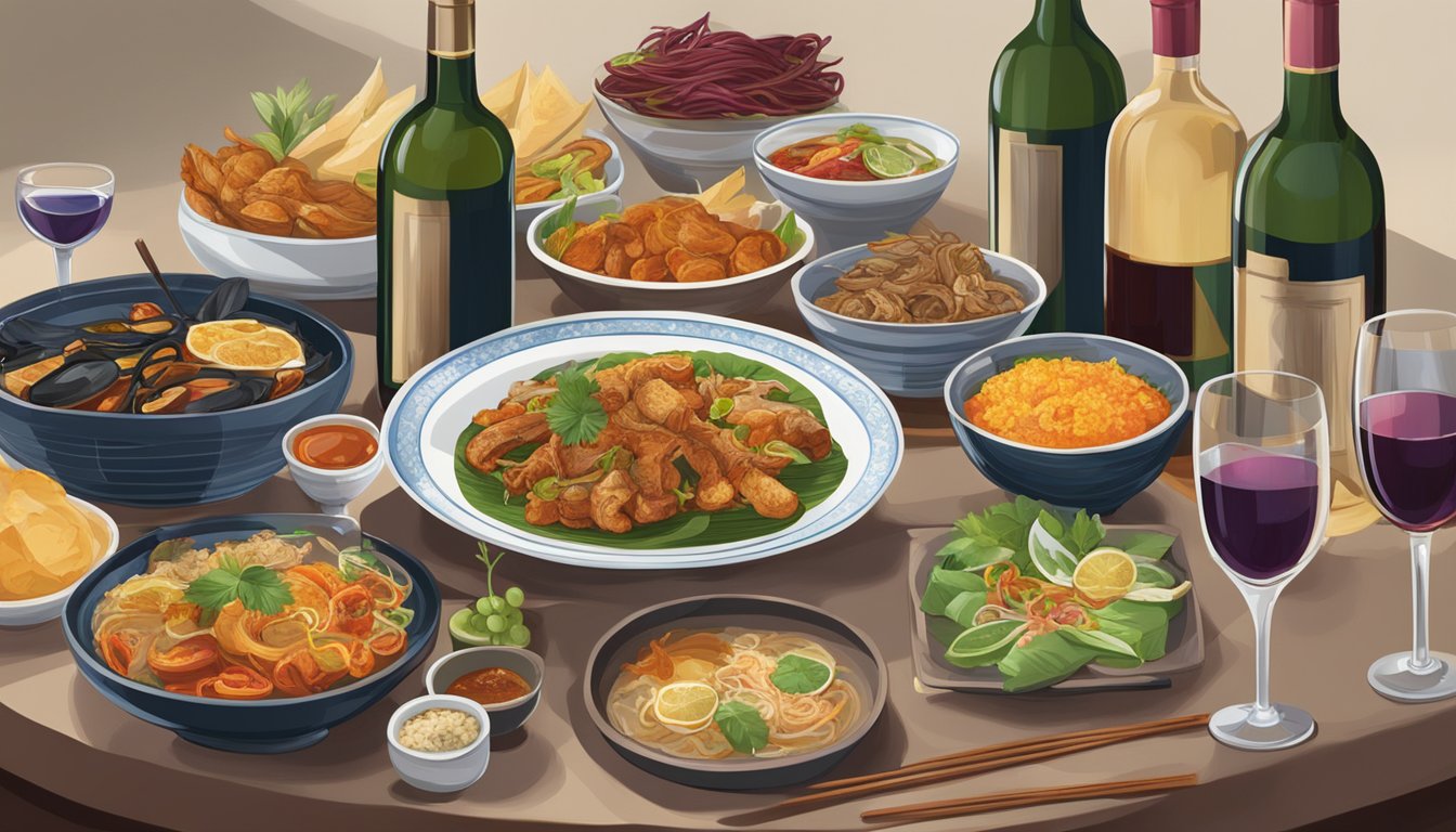 A table set with a spread of Malaysian dishes, surrounded by wine glasses and bottles of various types of wine