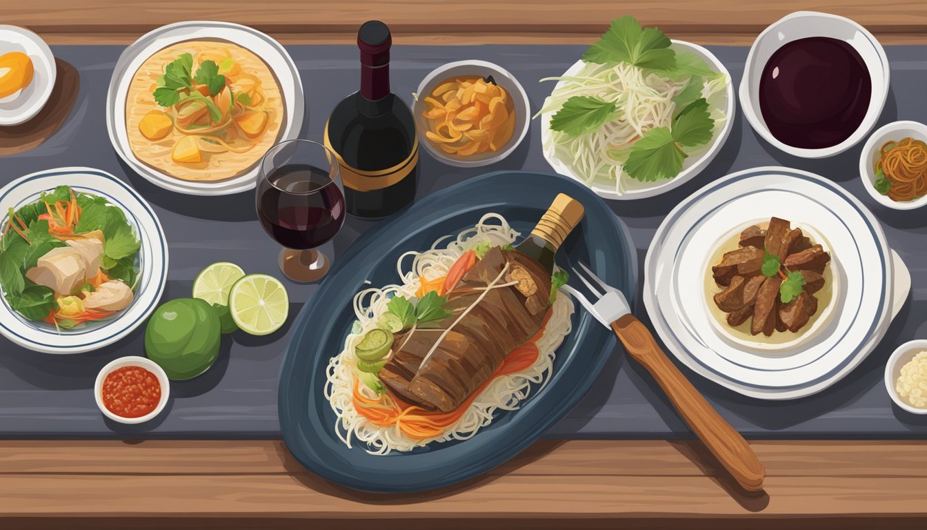 A bottle of red wine next to a spread of Cambodian dishes on a wooden table