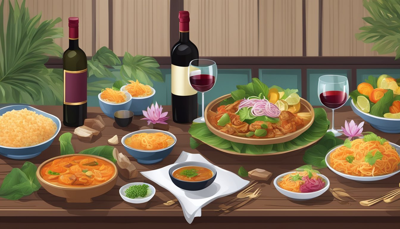 A table set with traditional Cambodian dishes and a bottle of red wine, surrounded by elegant decor