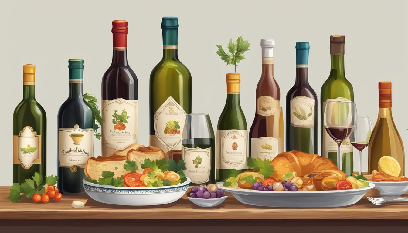 A table set with traditional Polish dishes and various bottles of wine