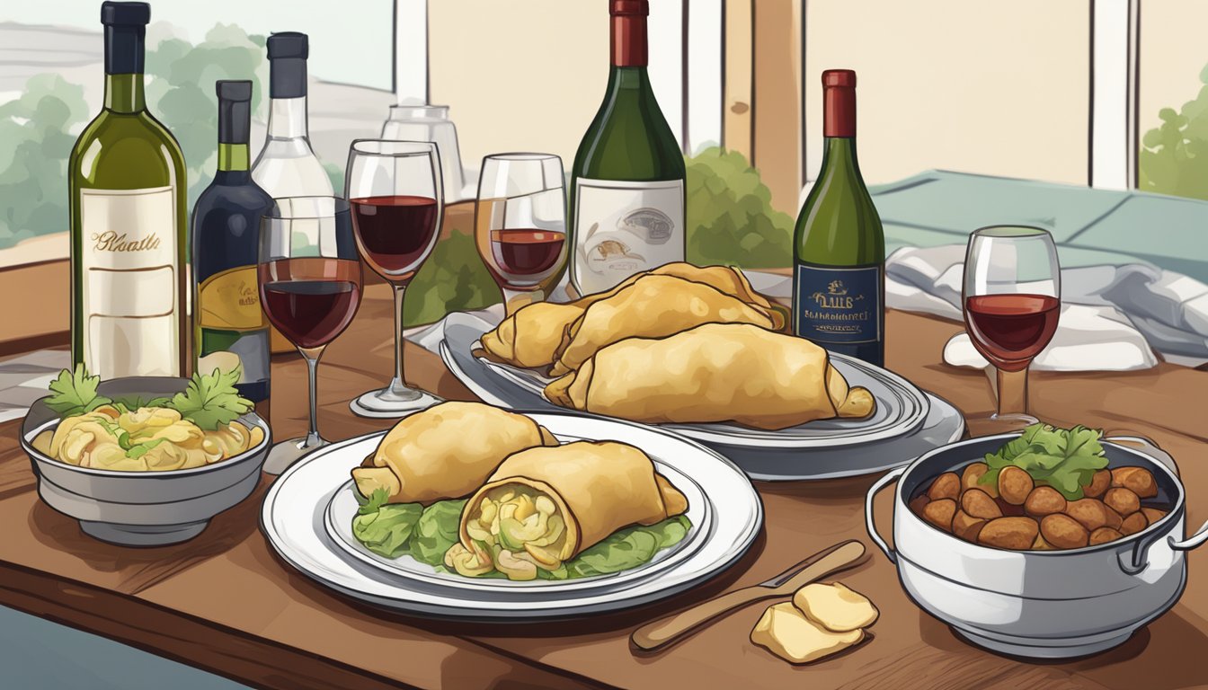 A table set with pierogi, kielbasa, and stuffed cabbage alongside bottles of red and white wine