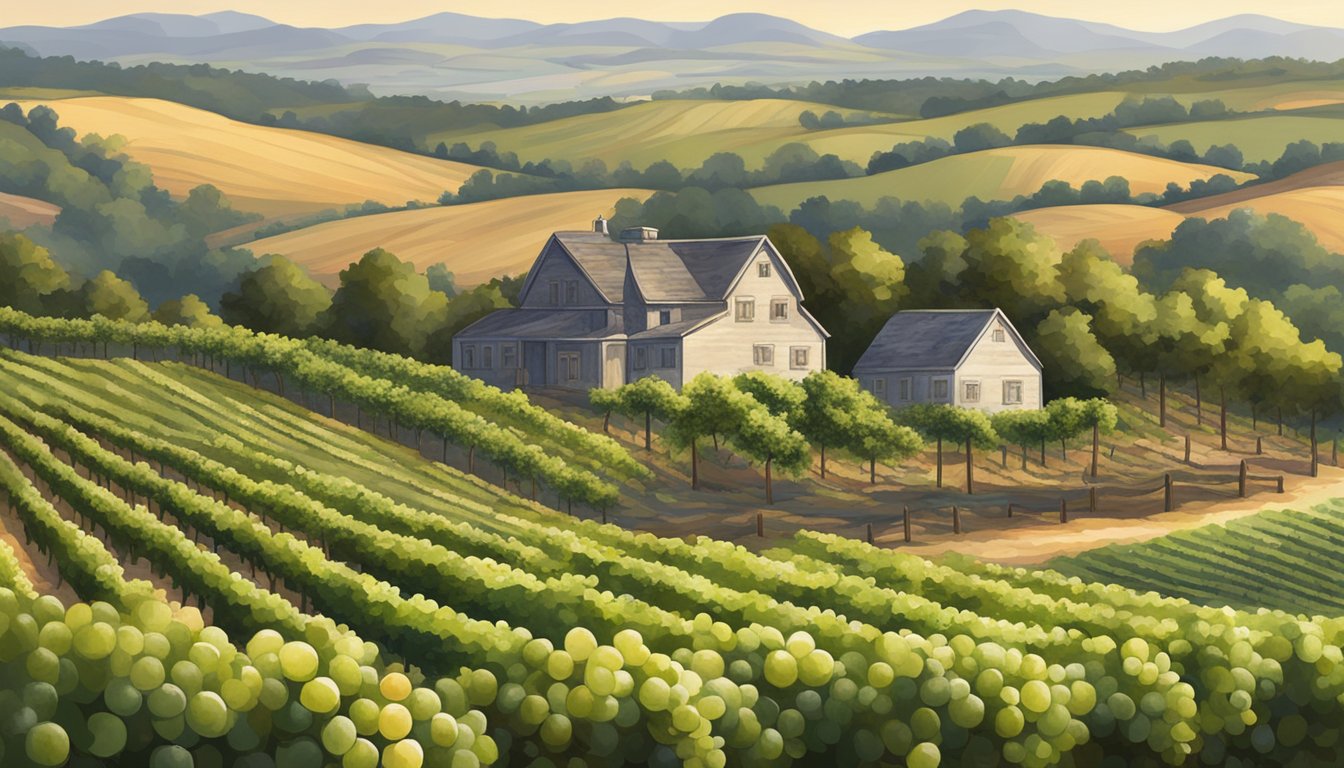 Vineyard overlooks rolling hills, with rows of grapevines in the foreground and a rustic farmhouse in the distance