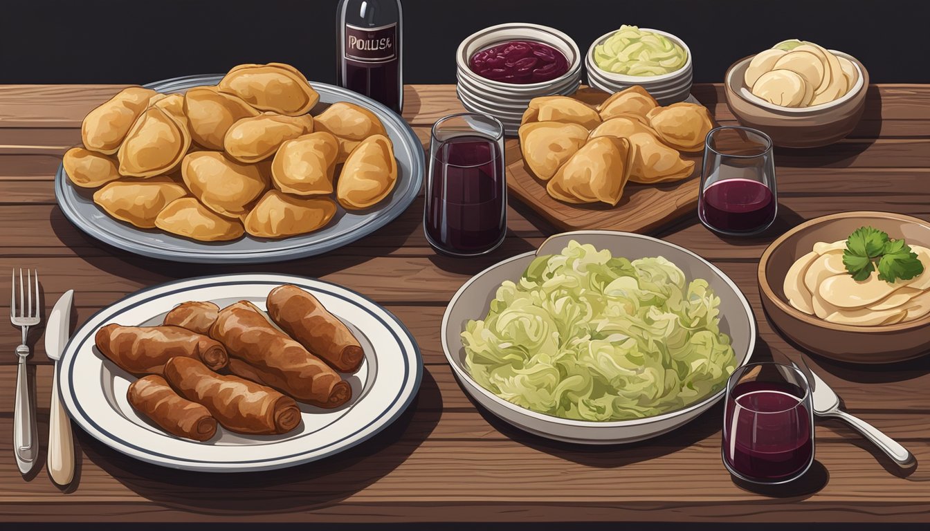 A bottle of red wine alongside a spread of traditional Polish dishes, including pierogi, kielbasa, and cabbage rolls, on a rustic wooden table